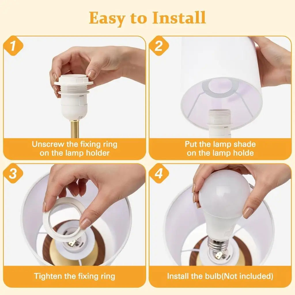 Table lamp installation showing E27 bulb socket and white shade on faux wood base