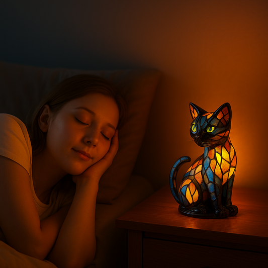 Lit stained glass cat night light on a bedside table, multicolor mosaic glow