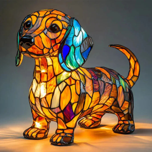 Stained glass dog table lamp with warm LED light, detailed colorful mosaic