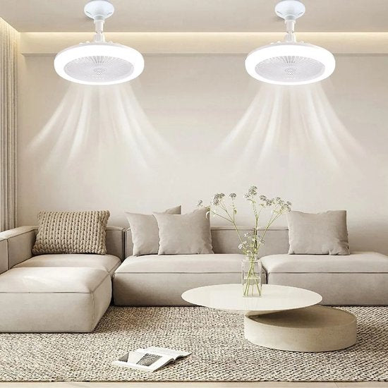Pair of white LED ceiling fan lights with enclosed blades and frosted diffusers