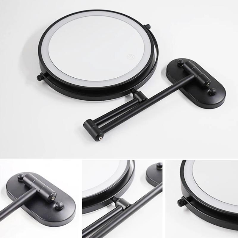 Round LED magnifying wall mirror with glowing ring, dark arm and dual mounting base