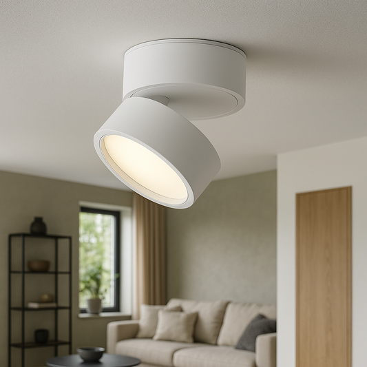 White LED ceiling spotlight with angled cylindrical shade and warm inner light.
