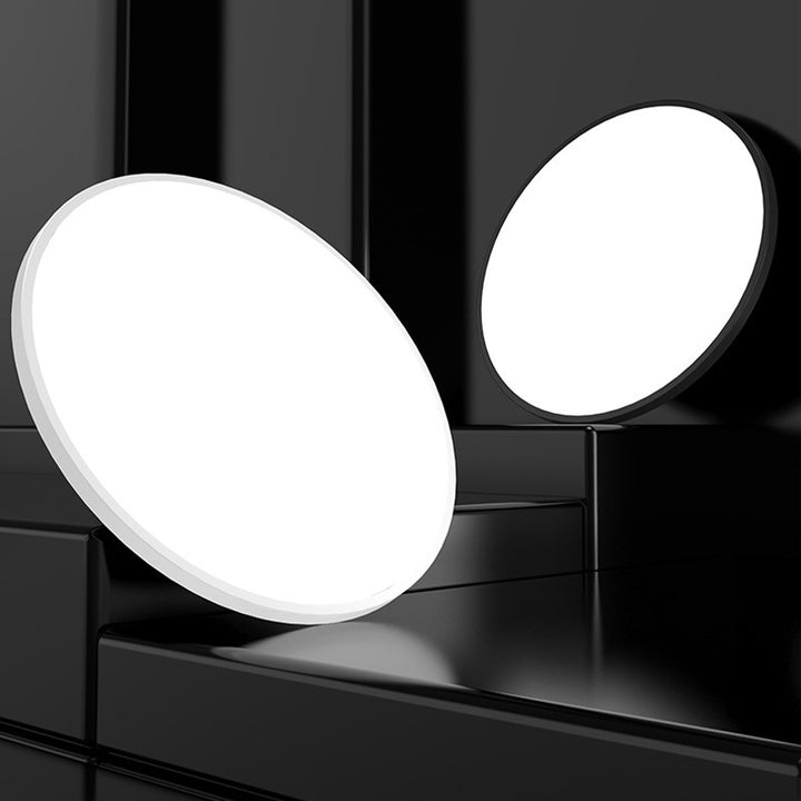 Round LED ceiling light close-up: white acrylic disc with dark housing, two fixtures.