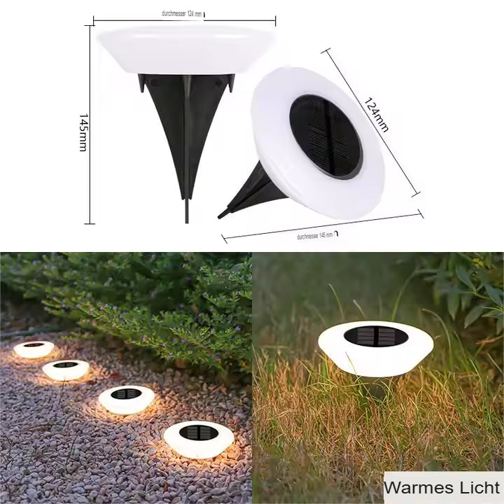 Round solar ground light with stake mount, white housing and black solar panel