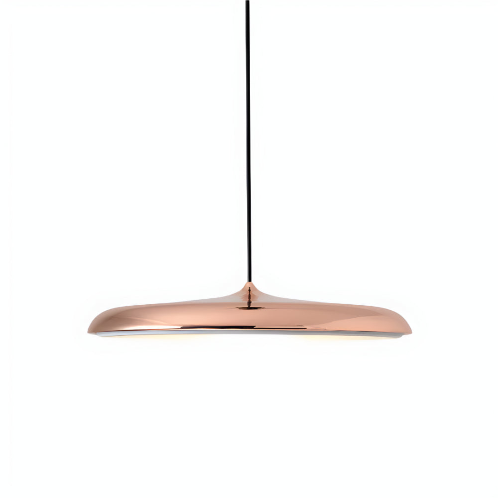 Rose gold metal pendant light with low dome shade and long hanging cord