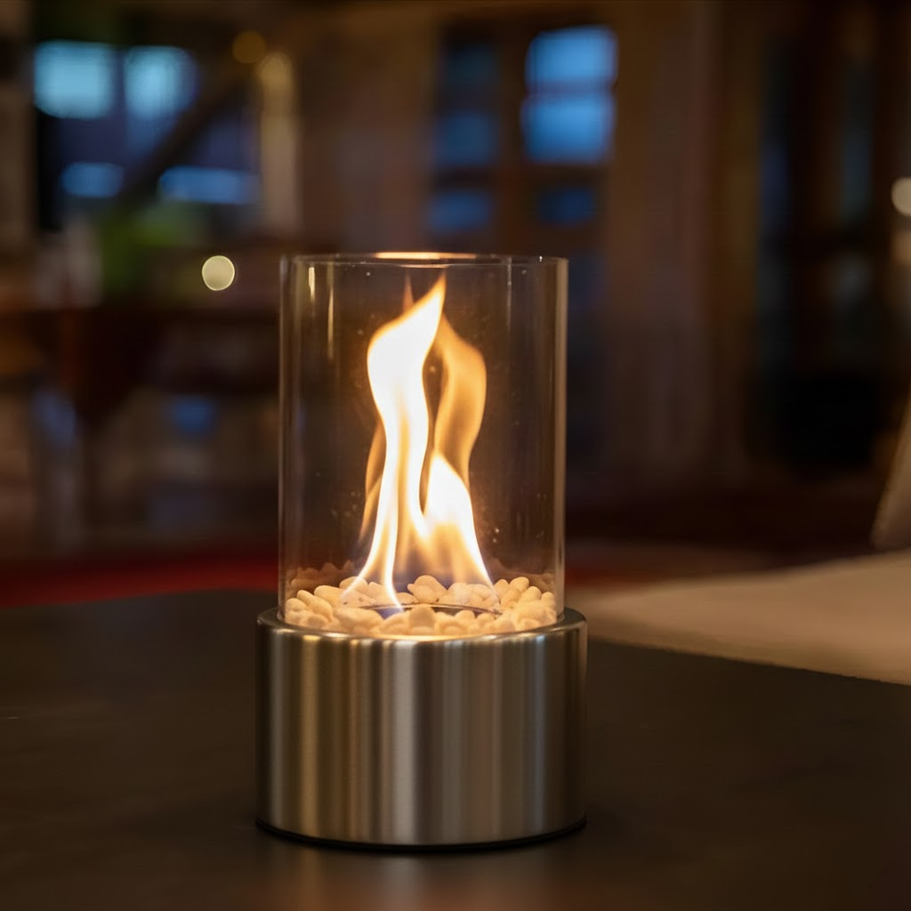 Tabletop bioethanol fireplace with clear glass fire bowl and stainless metal base, flames inside