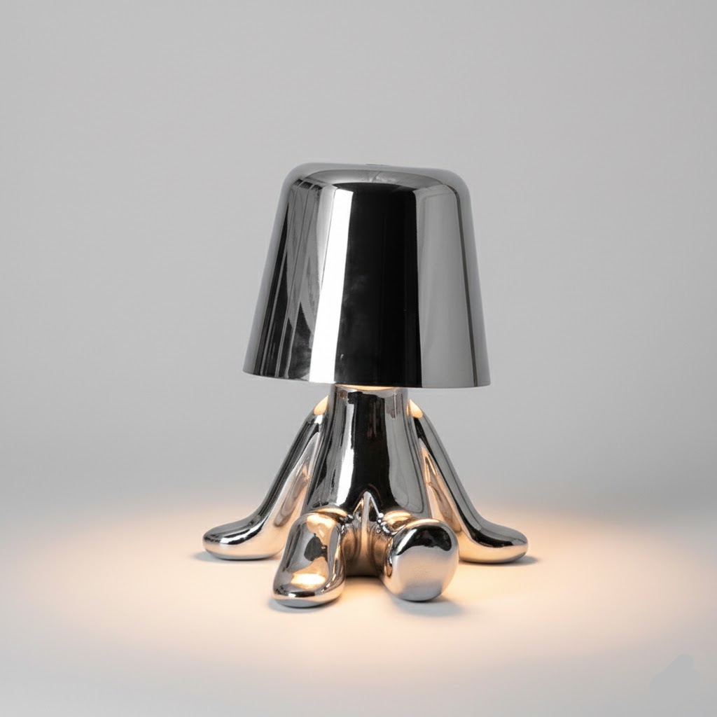 Silver metallic figure table lamp with tall bell shade and warm light glow