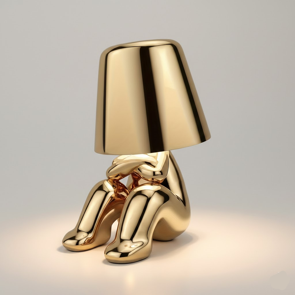 Gold figure table lamp with dome shade and glossy seated pose with legs out