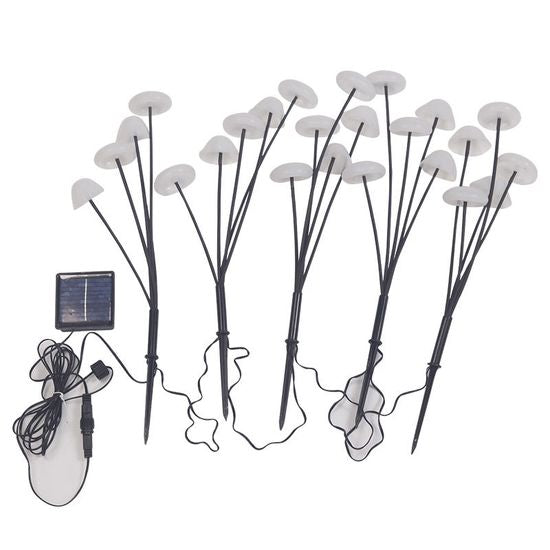 Set of solar mushroom garden lights with mushroom heads, black stakes, and solar panel