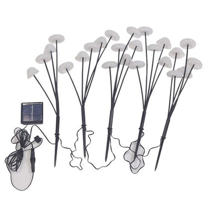 Set of solar mushroom garden lights with mushroom heads, black stakes, and solar panel