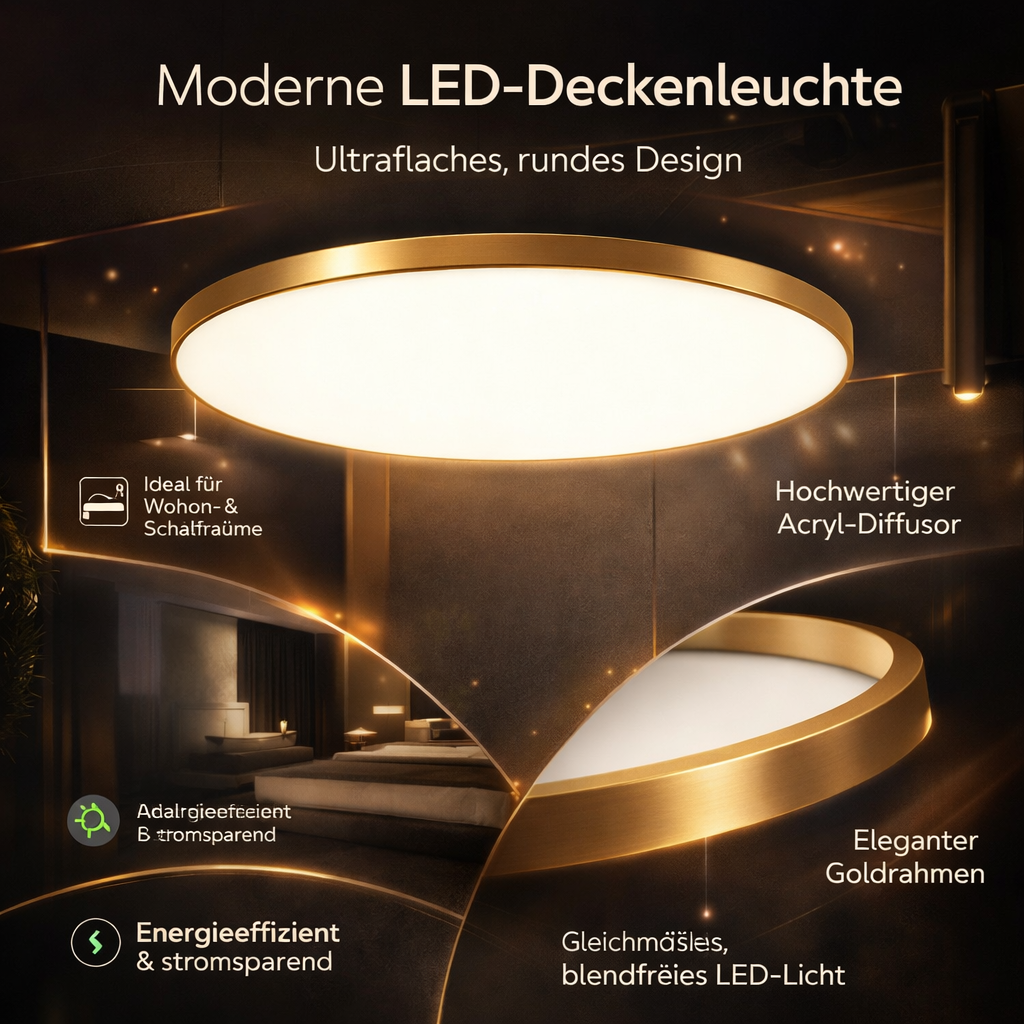 Gold-toned round flat LED ceiling light with white acrylic diffuser