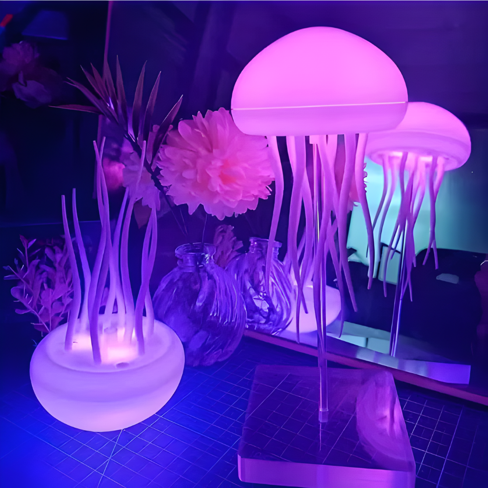 LED jellyfish night light set: two silicone lamps with glowing domes and tentacles, purple