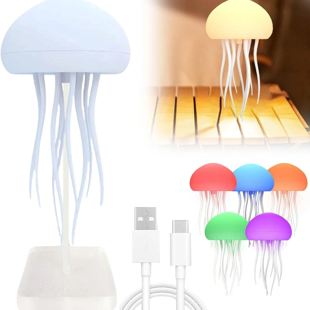 LED jellyfish night light with white dome, tentacles, and USB power plugs