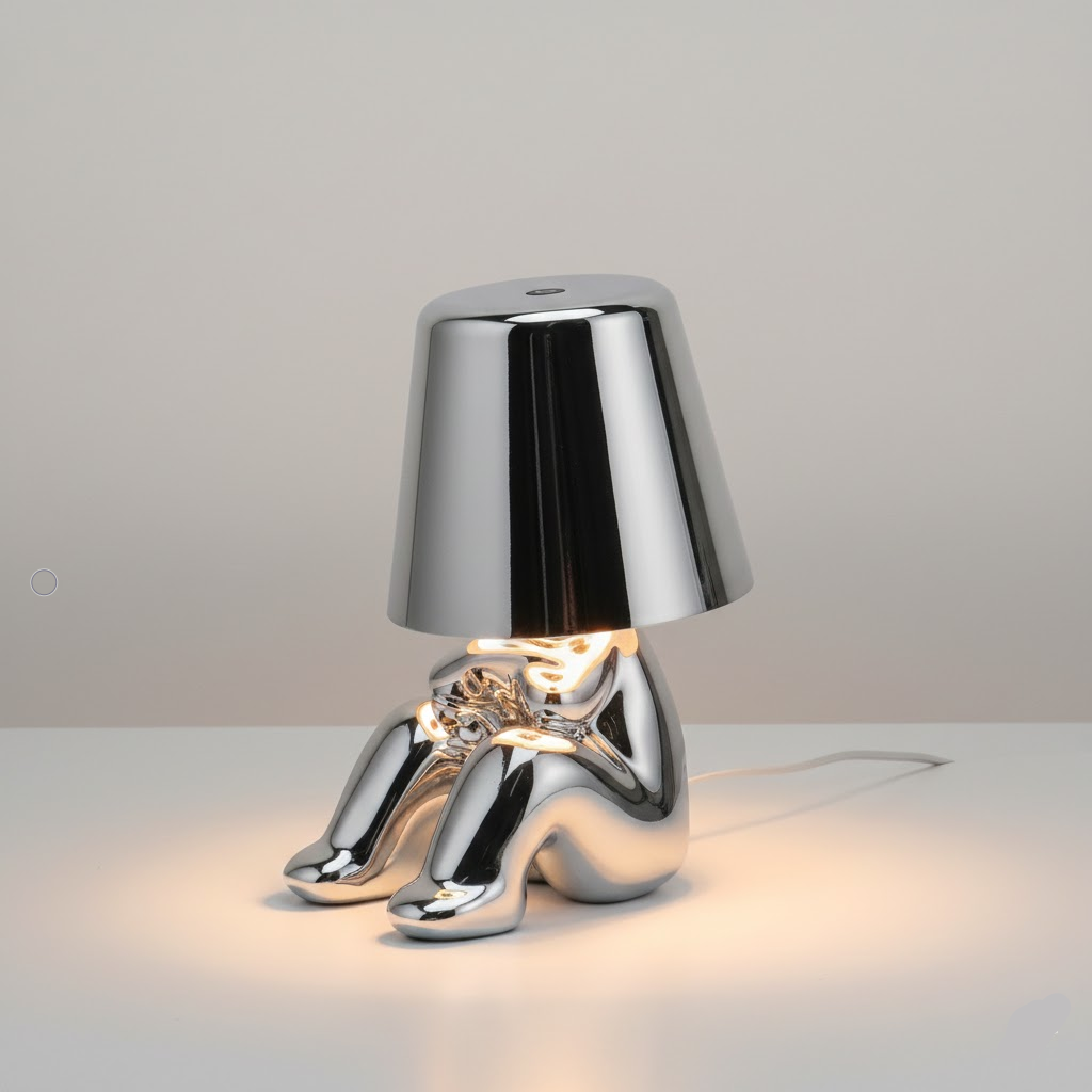 Silver figure table lamp, bell shade with warm light shining onto the base