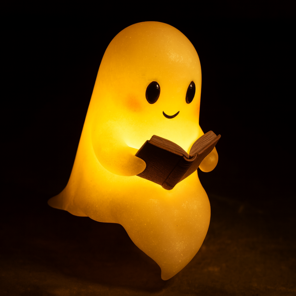 Kids LED ghost night lamp with warm glow, smiling face reading a small book