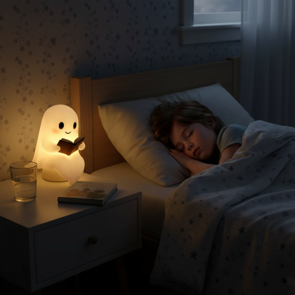 Glowing ghost LED night lamp on a bedside table, smiling and reading a book