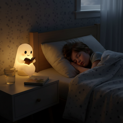 Glowing ghost LED night lamp on a bedside table, smiling and reading a book