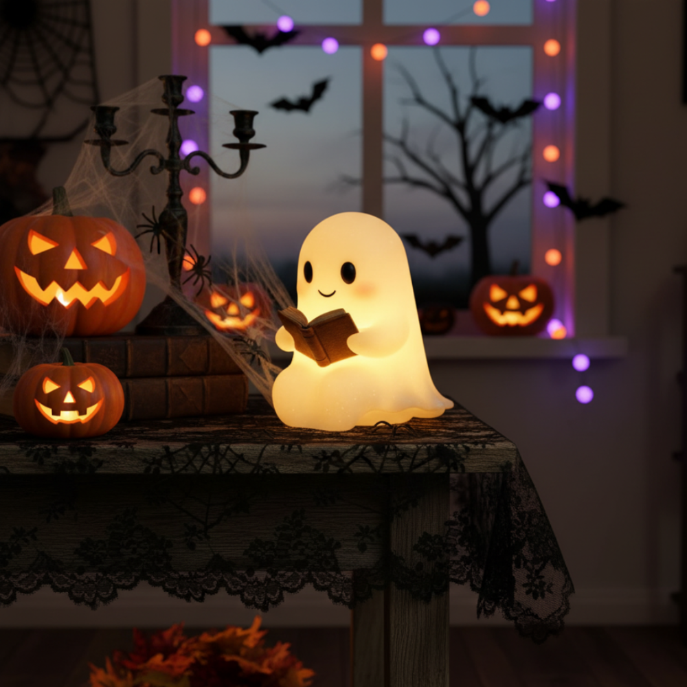 Smiling ghost LED night lamp glowing warm, reading an open book