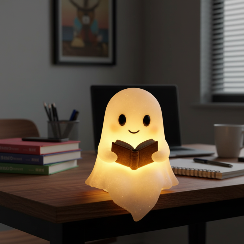 Smiling ghost LED night lamp with warm light, holding an open book