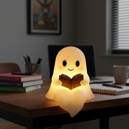 Smiling ghost LED night lamp with warm light, holding an open book