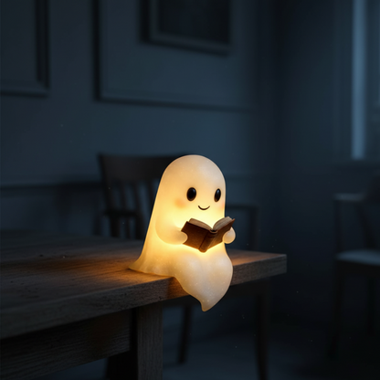 Warm-glowing ghost LED night lamp on a shelf, smiling face reading a book