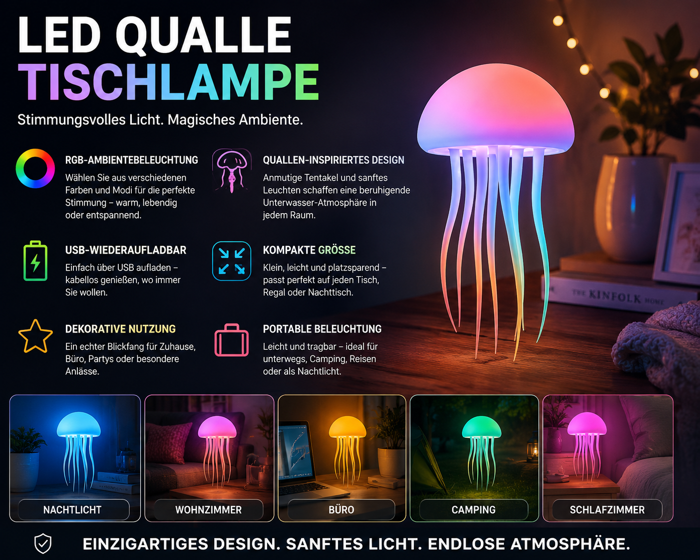 LED jellyfish night light with RGB glowing dome and multicolor tentacles