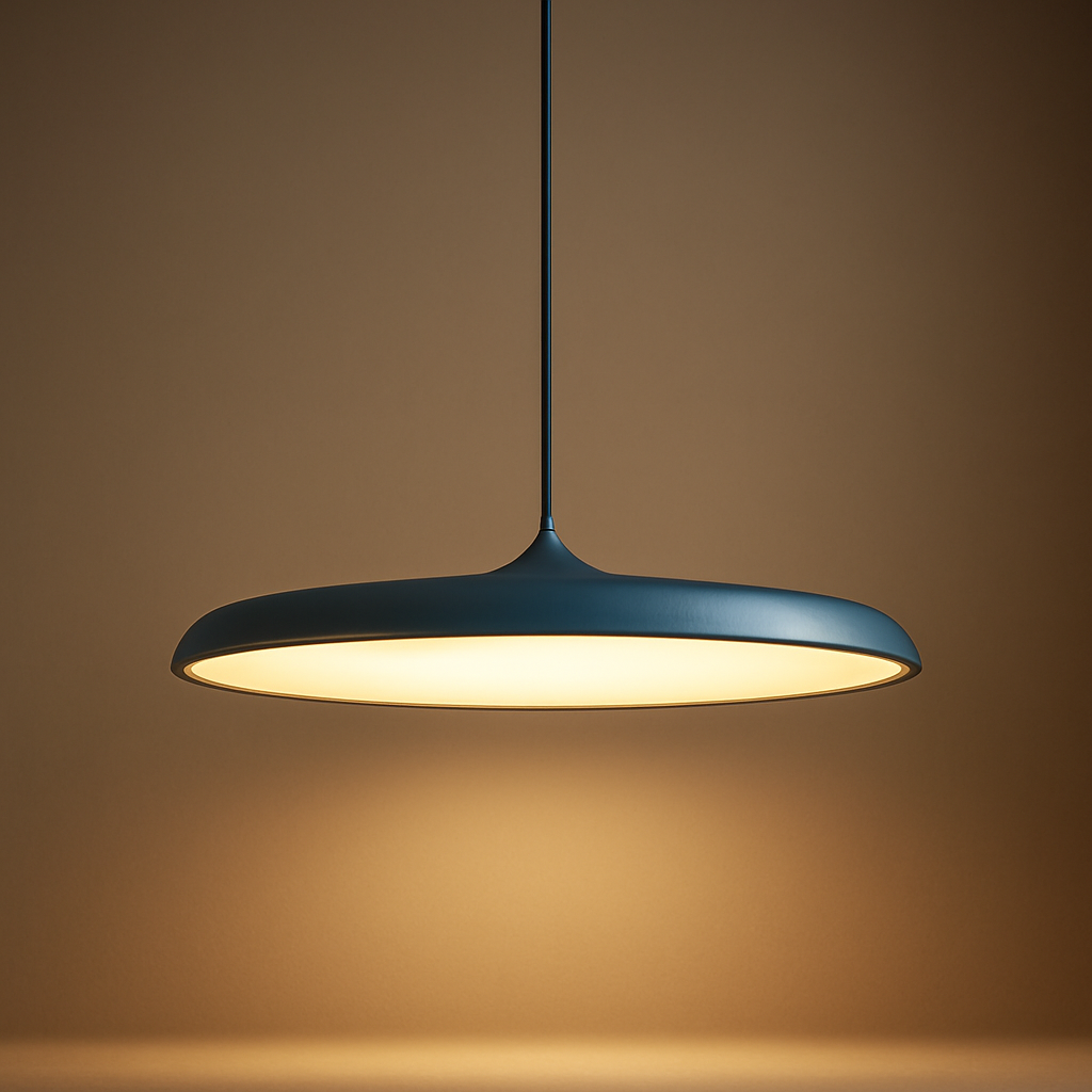Dark blue metal pendant light with wide dome shade and warm interior light
