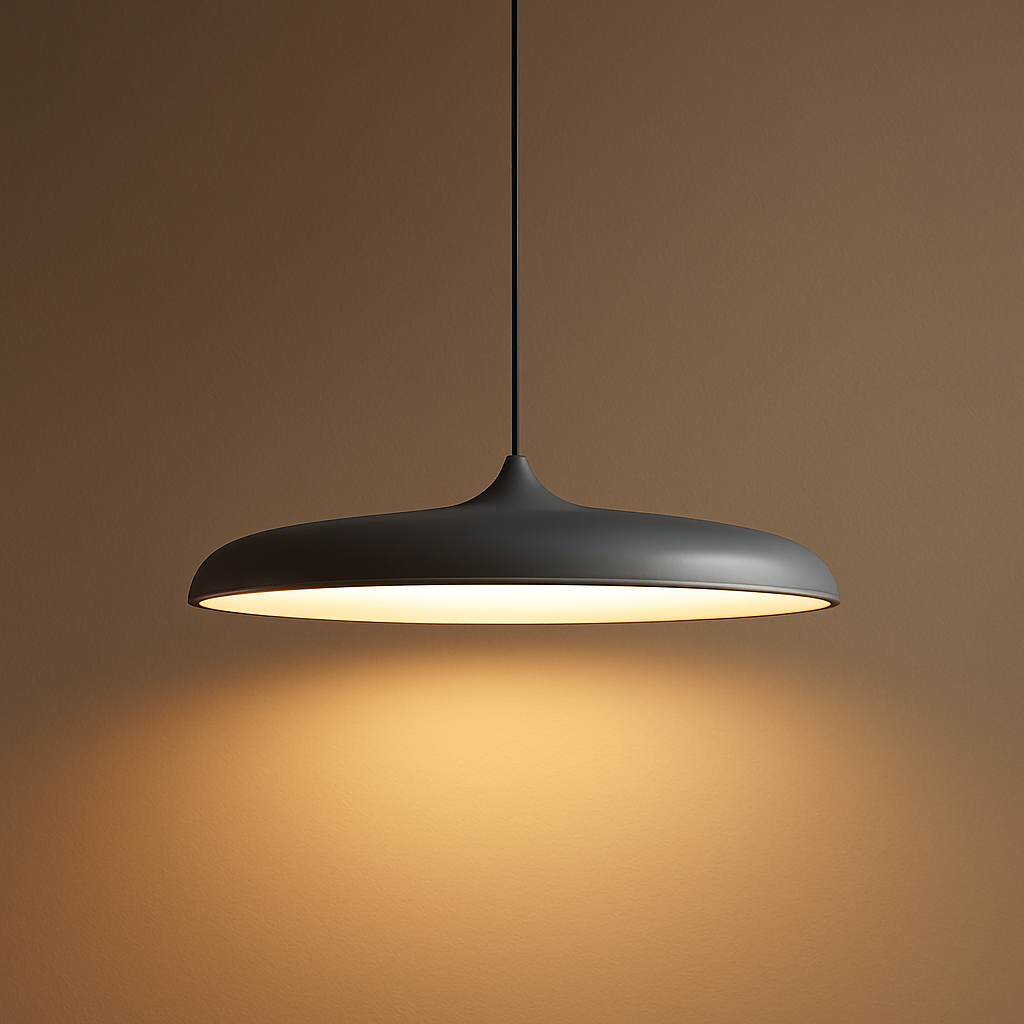 Black metal pendant light with curved dome shade emitting warm glow