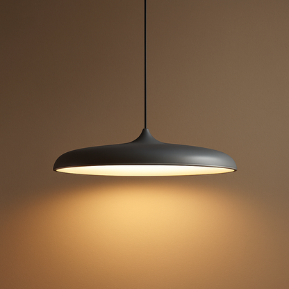Black metal pendant light with curved dome shade emitting warm glow