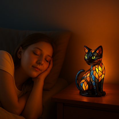 Lit stained glass cat night light on a bedside table, multicolor mosaic glow