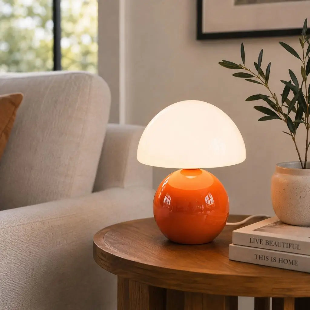 Orange mushroom table lamp with white dome shade, ceramic base for bedside or desk
