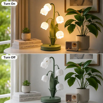 Green flower table lamp with five glass shades, shown on and off in living space