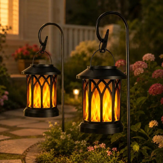 Black hanging solar flame lanterns, two-pack, glass panels with LED flicker effect