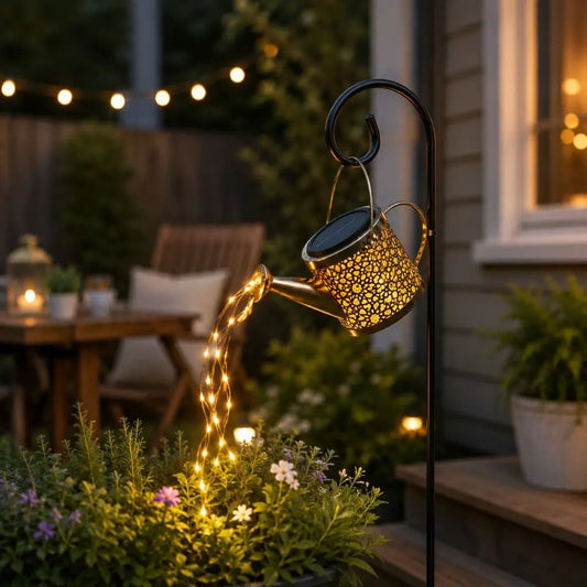 Outdoor hanging metal lantern with perforated pattern and warm fairy string lights