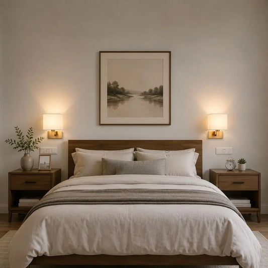 Two wall lamps with white fabric shades flanking a bedside area