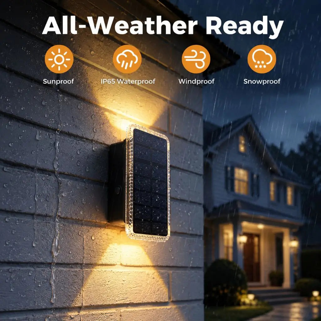 Weatherproof rectangular solar wall light mounted on dark brick wall at night