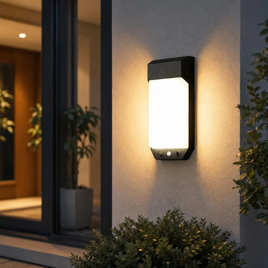 Black outdoor wall light with frosted rectangular LED panel for front door