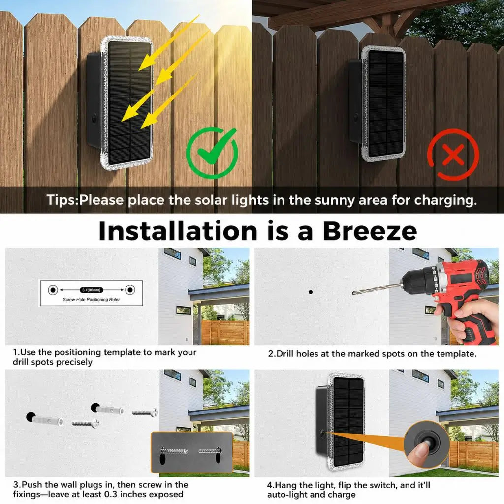 Outdoor solar wall light installation shown on fence, with mounting screws and template