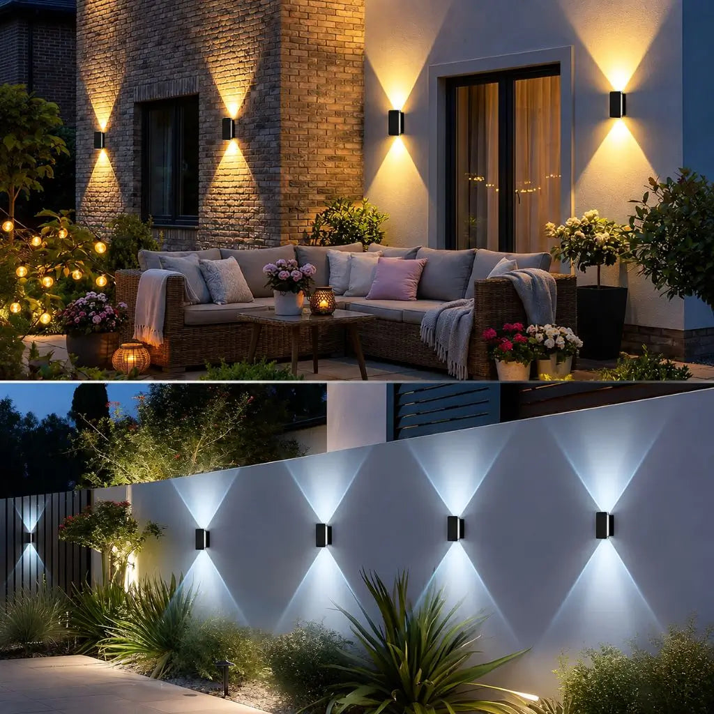 Outdoor solar wall lights with up-and-down warm LED glow on house exterior