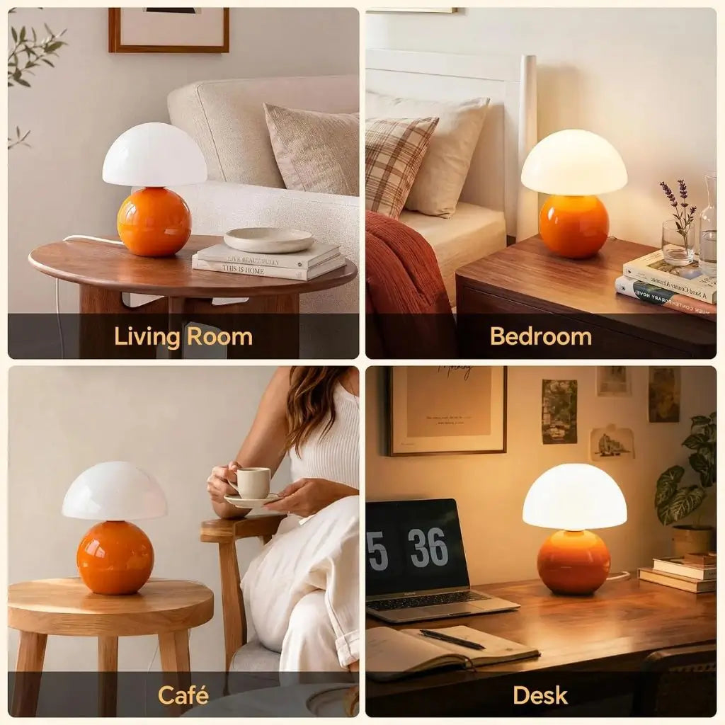 Orange ceramic mushroom table lamp with frosted glass shade for living room and desk