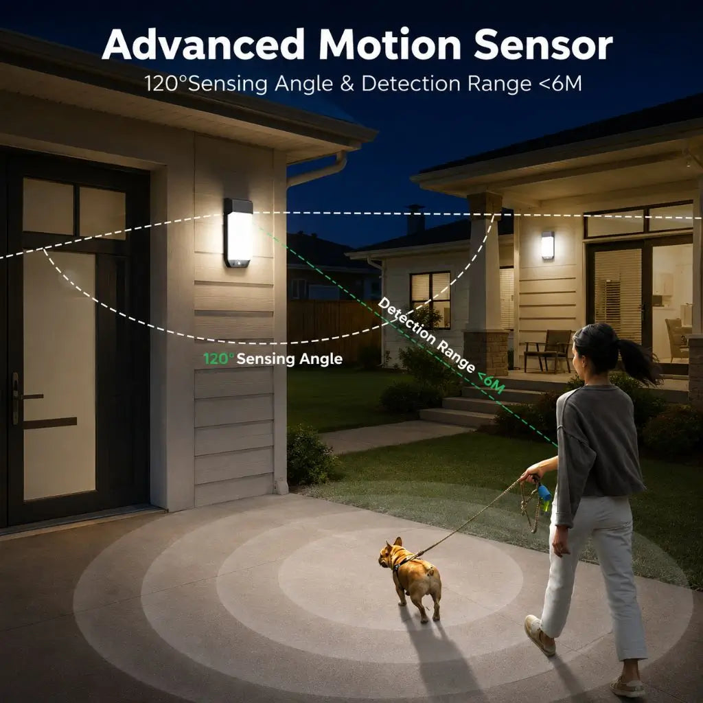 Outdoor motion sensor wall light with 120° sensing angle and 6 m detection range