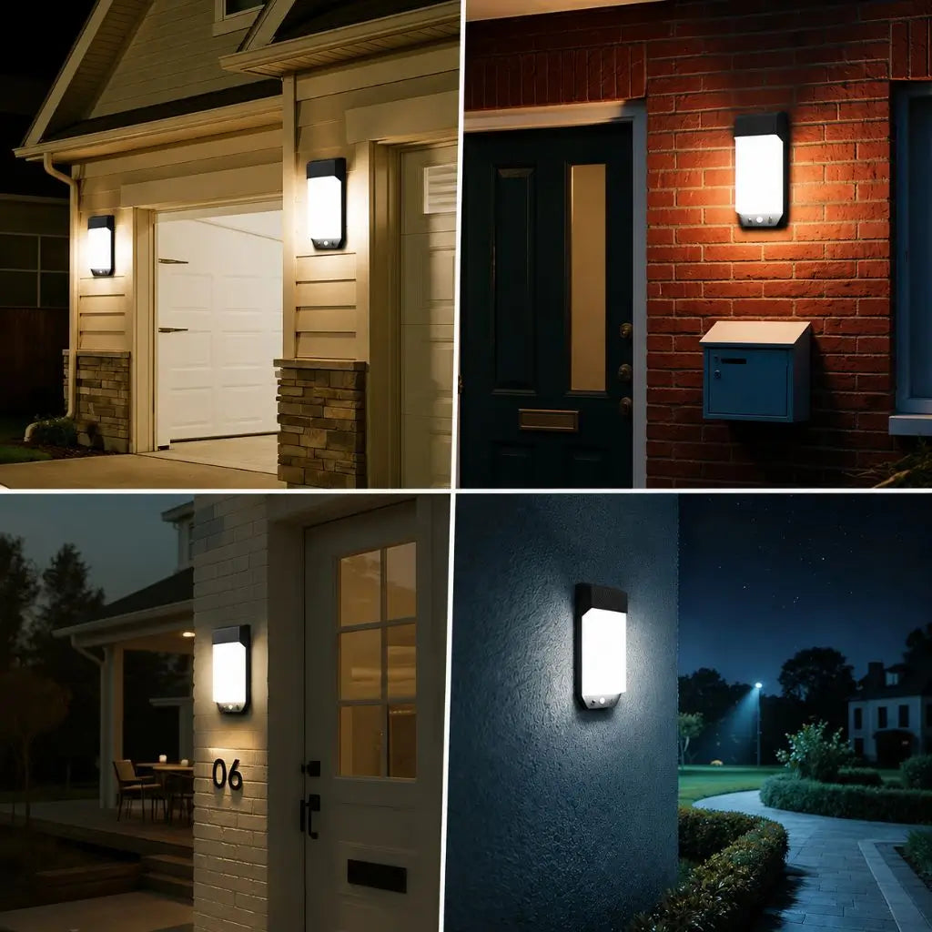 Outdoor wall motion sensor lights, black with frosted panels for entry areas