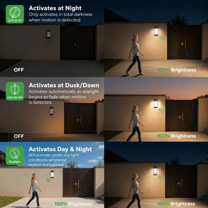 Motion-activated outdoor wall light, turns on at night, dusk/dawn, or day