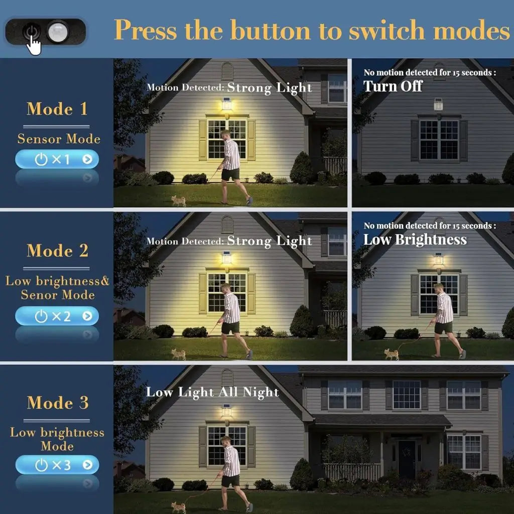 Solar fence wall light with motion sensor modes for bright night lighting