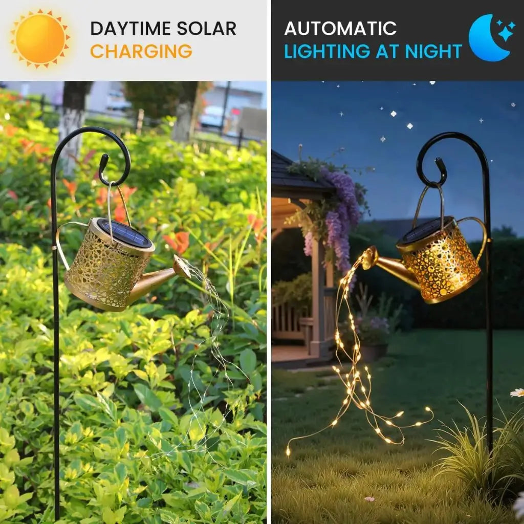 Outdoor solar watering can lantern light on stakes with warm white fairy glow