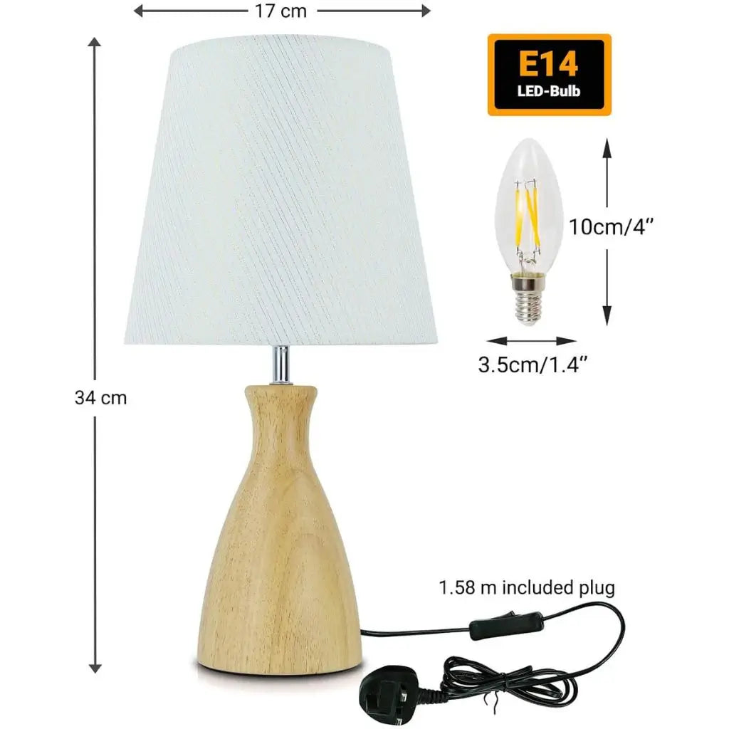 Wooden table lamp with white fabric shade, E14 bulb, and included plug