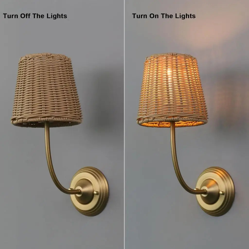 Set of 2 rattan wall lamps: one unlit and one lit, gold curved arm and mount