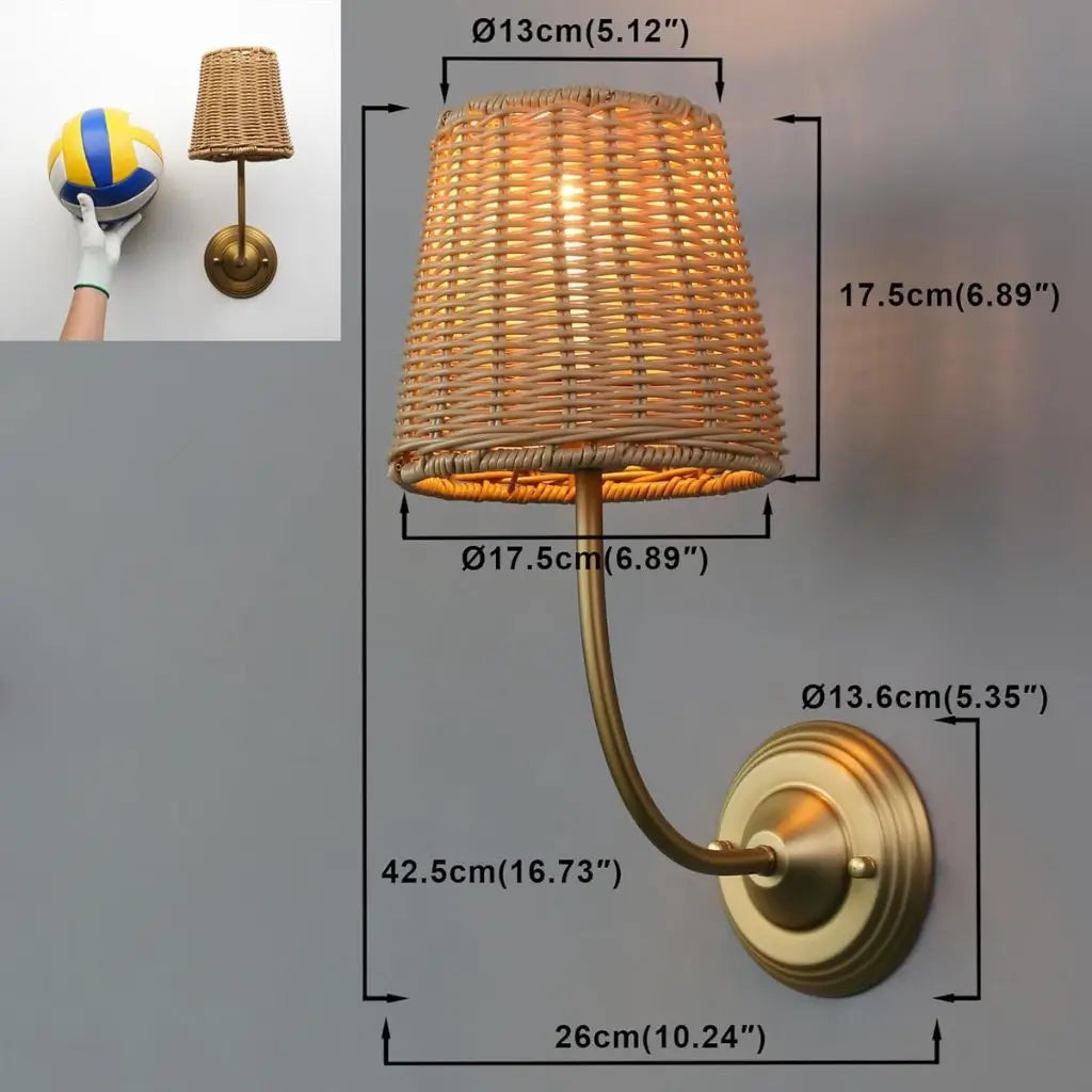 Rattan wall lamp with woven shade and gold wall mount, 42.5 cm height
