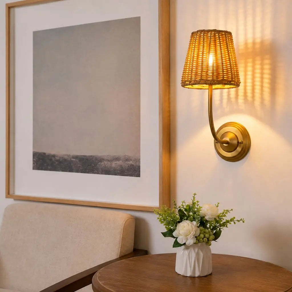 Antique rattan wall lamp with woven shade and gold curved arm, warm glowing bulb
