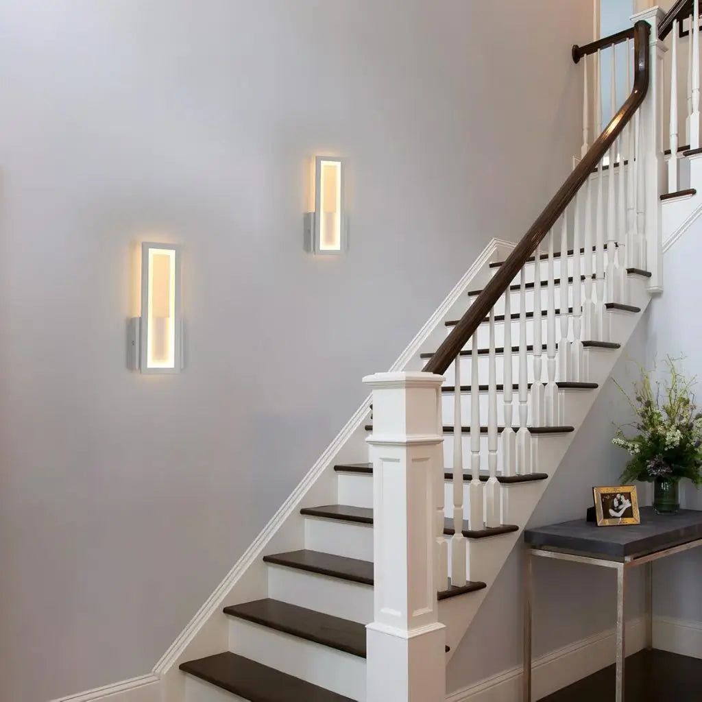 Wall-mounted LED lights along staircase wall with warm rectangular glow